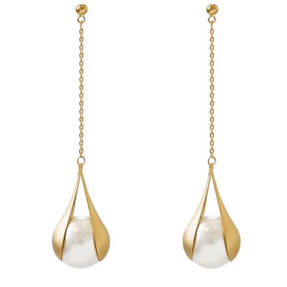 New Art Deco Suspension Pearl Drop Earrings | Faux Pearl Drop Dangle Earrings - Picture 2 of 16